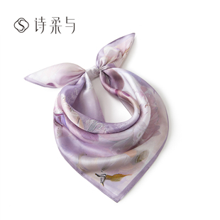装 款 饰发带绑包丝带女 桑蚕丝小方巾 梦幻紫韵油画花卉西部领巾