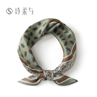 复古英伦风植物花卉真丝小方巾女夏季 饰桑蚕丝护颈围巾绿色 通勤装