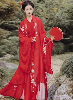 蝉佩汉服女原创中国风红色婚服古装流仙绣花交领齐腰襦裙春夏
