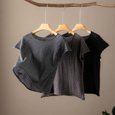 百搭80支精纺女士新款裸感宽松显瘦短袖羊绒衫百搭洋气
