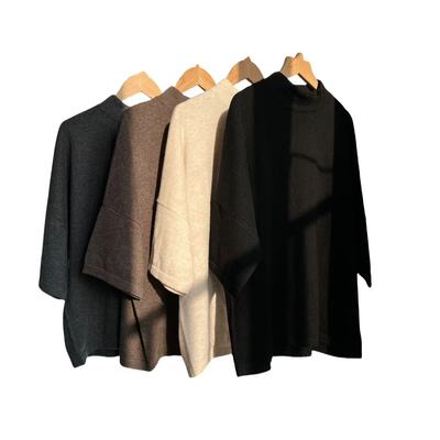 纯羊绒复古半高领宽松针织T恤女简约高级感七分袖落肩套头上衣