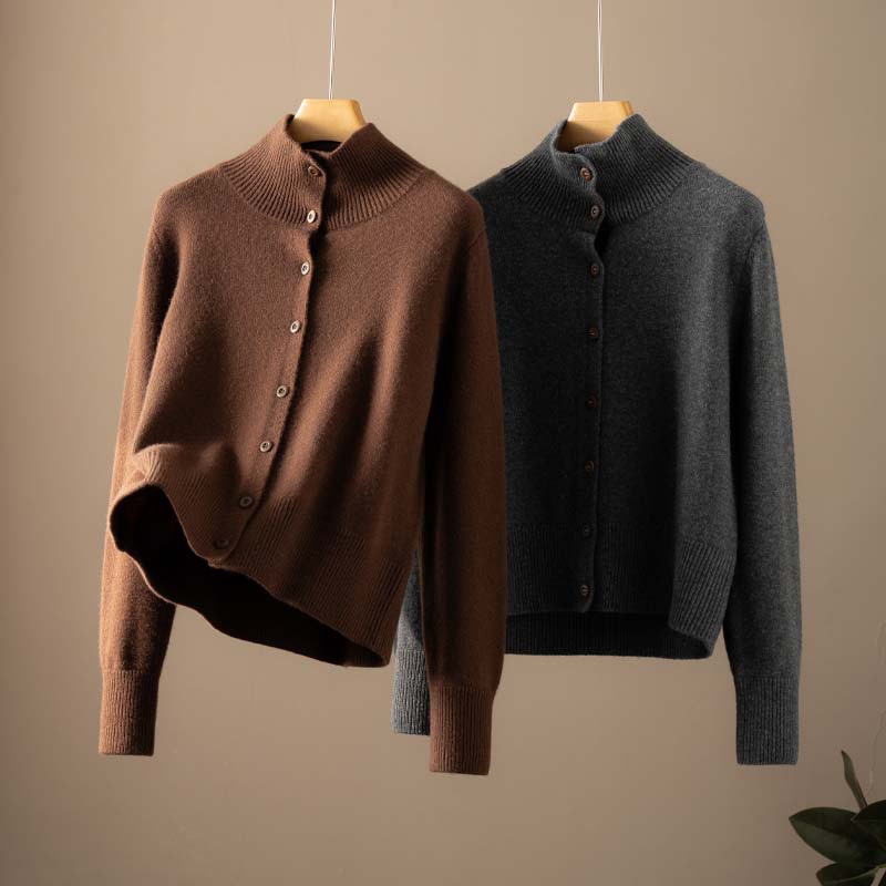 新品女款100%山羊绒双股线加厚款高领开衫外套领子可立领可翻领