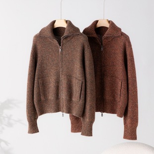 LP 女款 复古羊绒花纱慵懒风大翻领双拉链针织开衫外套女