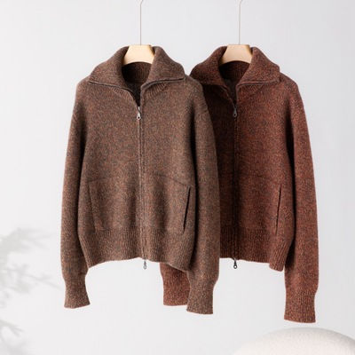 LP 女款 复古羊绒花纱慵懒风大翻领双拉链针织开衫外套女