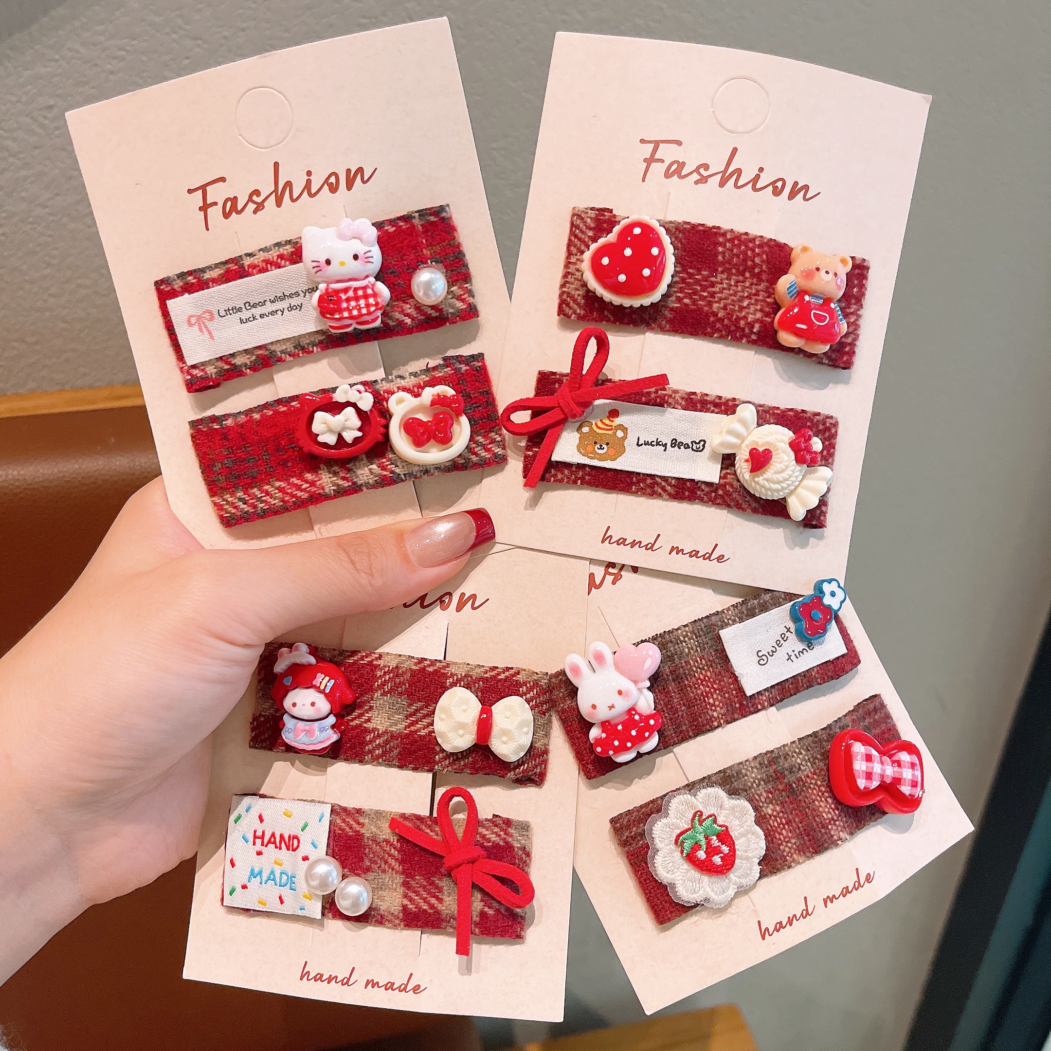 韩版女童新年红色格纹发夹