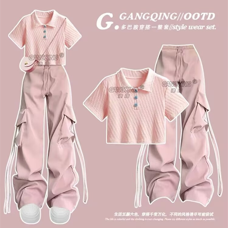 女童夏装套装2025新款春夏网红时尚Polo领短袖工装裤多巴胺两件套