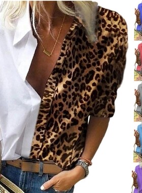 2021ebay亚马逊wish欧美跨境女装长袖印花豹纹宽松衬衣雪纺衫