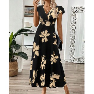 跨境2025 夏季亚马逊 速卖通热卖新款女装印花V领时尚连衣裙