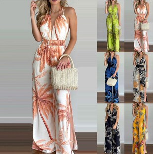 2022欧美女装速卖通独立站wish数码印花宽松挂脖高腰阔腿连体长裤