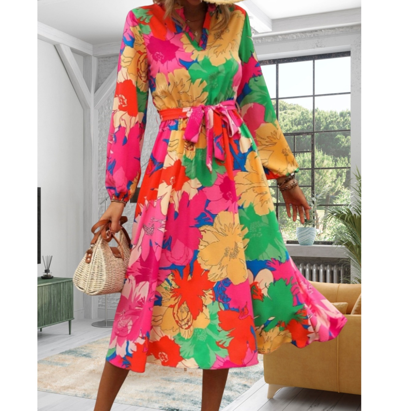 2024欧美外贸新款速卖通亚马逊temu独立站花朵印花V领长袖连衣裙