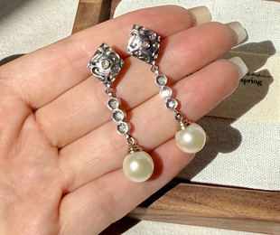 镶嵌真钻石 天然淡水珍珠耳坠A24 手工金银叠打 意大利进口