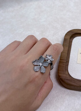 意大利进口 925银镀黑银技术 双花戒指 开口可调节A156