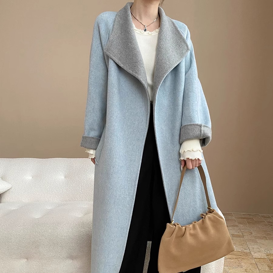 拼色系带长款双面呢羊毛大衣