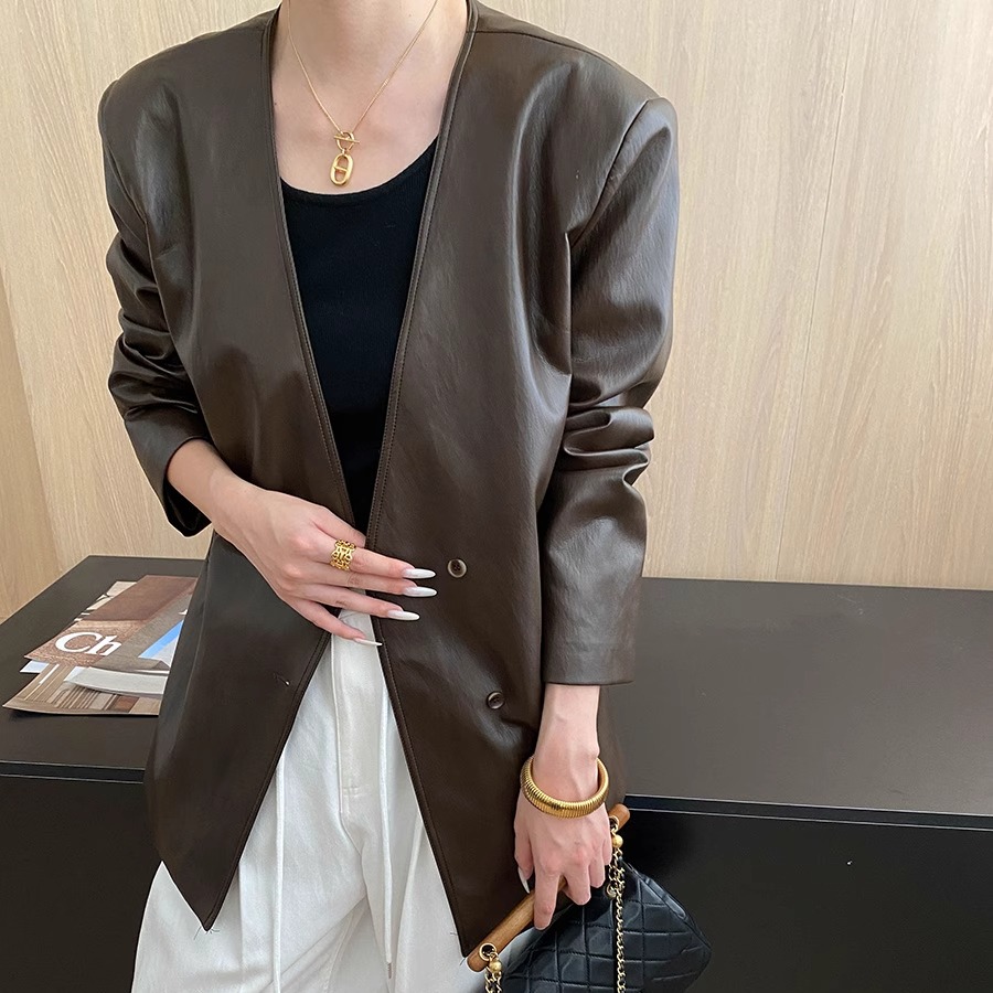 博主挚爱廓形无领复古西装皮衣外套女秋2025新款绑带宽松休闲上衣