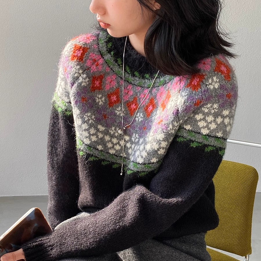 复古小碎花圣诞费尔岛羊毛针织衫