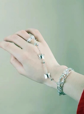 古风手镯女中国风手链戒指一体汉服开口镯子蝴蝶流苏铃铛宫廷超仙