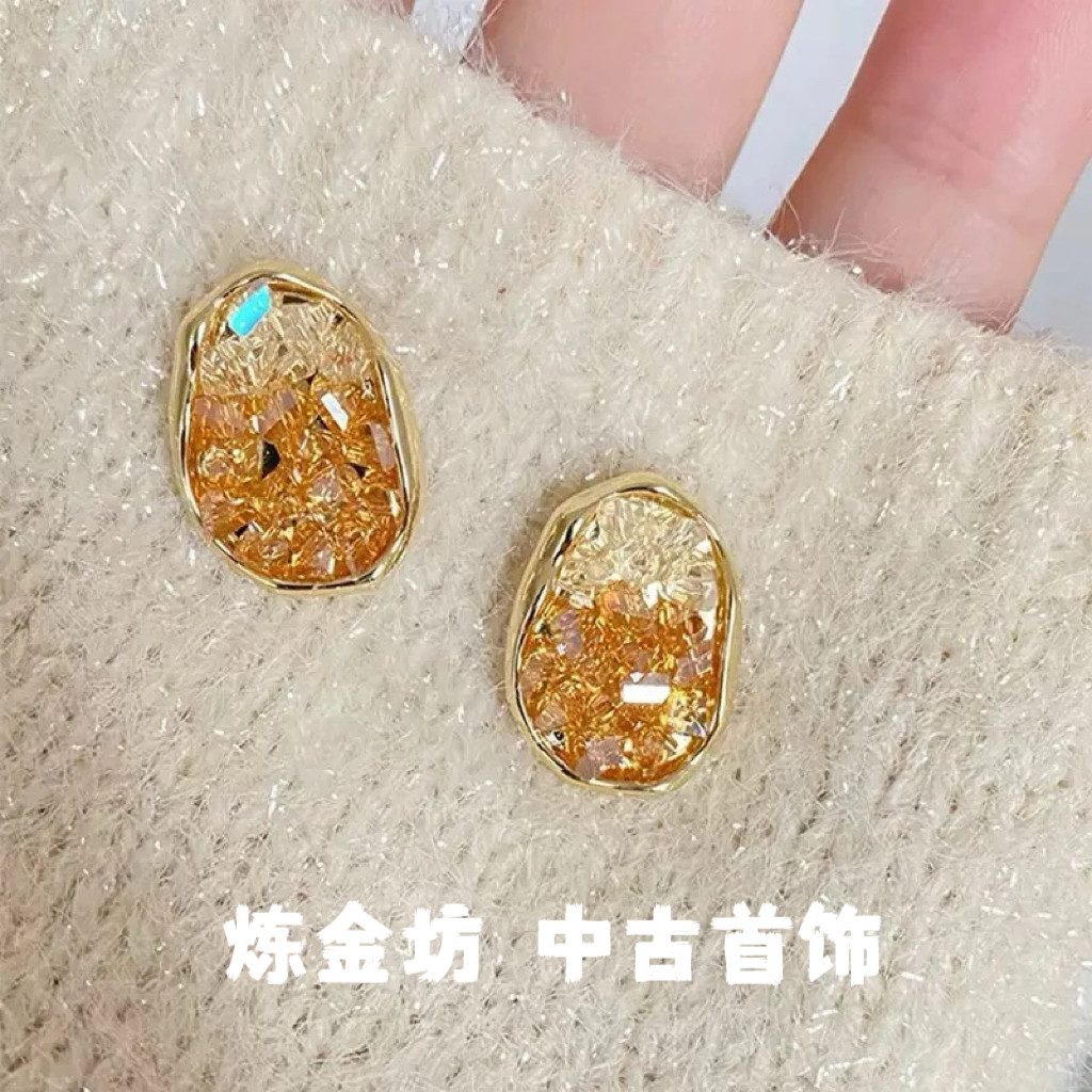 中古vintage复古高级感耳钉橘色绿色耳饰首饰s925银针小众百搭