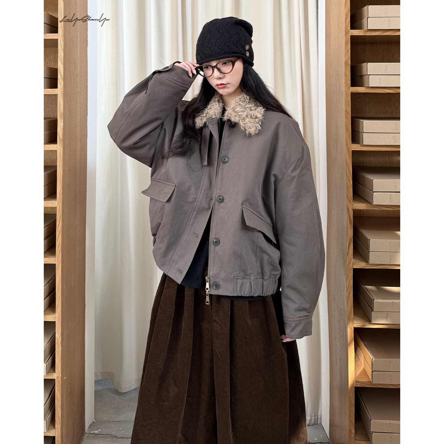 翻毛领泰迪卷立裁夹克棉服外套