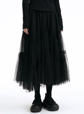 陆与山屿设计感小众黑色百搭裙子山本暗黑女士网纱重工多层半身裙