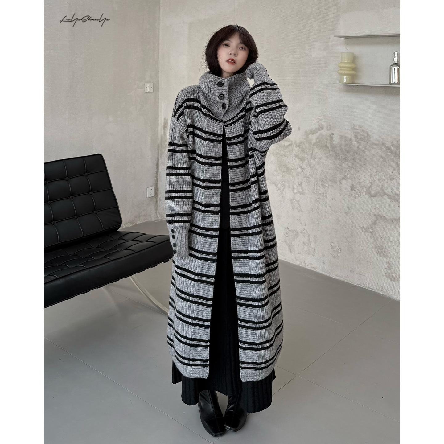 条纹加厚高领慵懒开衫毛衣外套