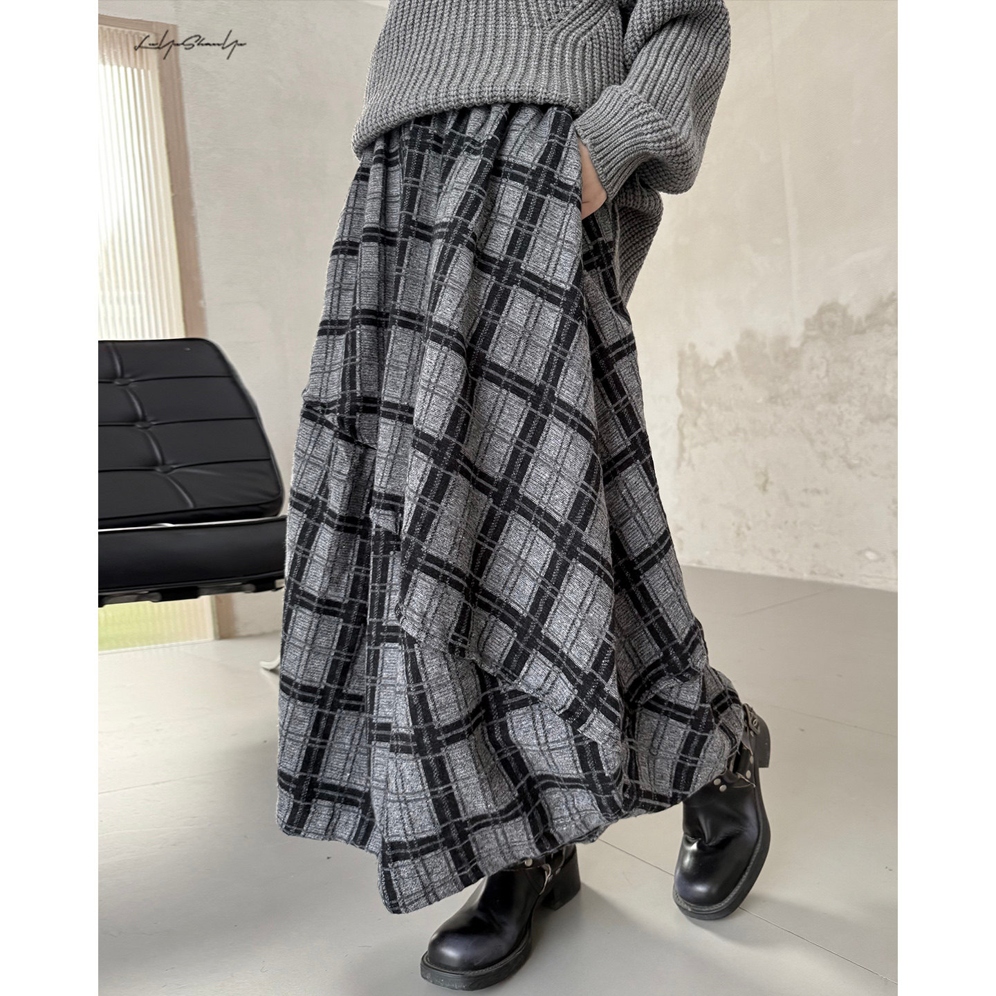 陆与山屿【落霜】 复古日系松紧羊毛格子拼接花苞百褶A字半身裙子,女装/女士精品,半身裙,淘宝优惠券,粉丝福利购,淘宝优惠卷