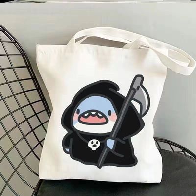 呆萌鲨鱼单肩包帆布包可爱肥肥表情学生帆布袋购物袋大容量手提袋