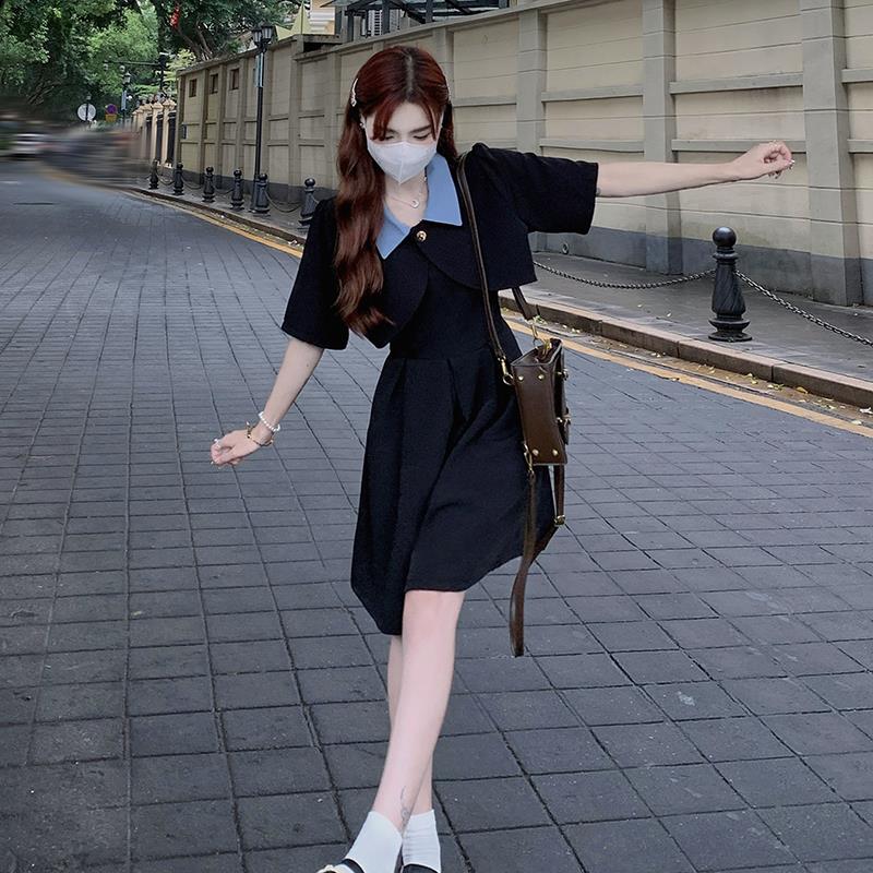大码坎肩赫本小黑吊带裙微胖女生连衣裙胖mm法式遮肉两件套装裙夏