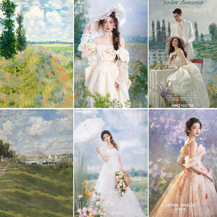 新款 复古油画春日田野拍照背景布莫奈花园商拍婚纱影楼摄影背景纸