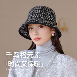 帽子女秋冬季渔夫帽显脸小盆帽高级感大檐小香风千鸟格出游遮阳帽