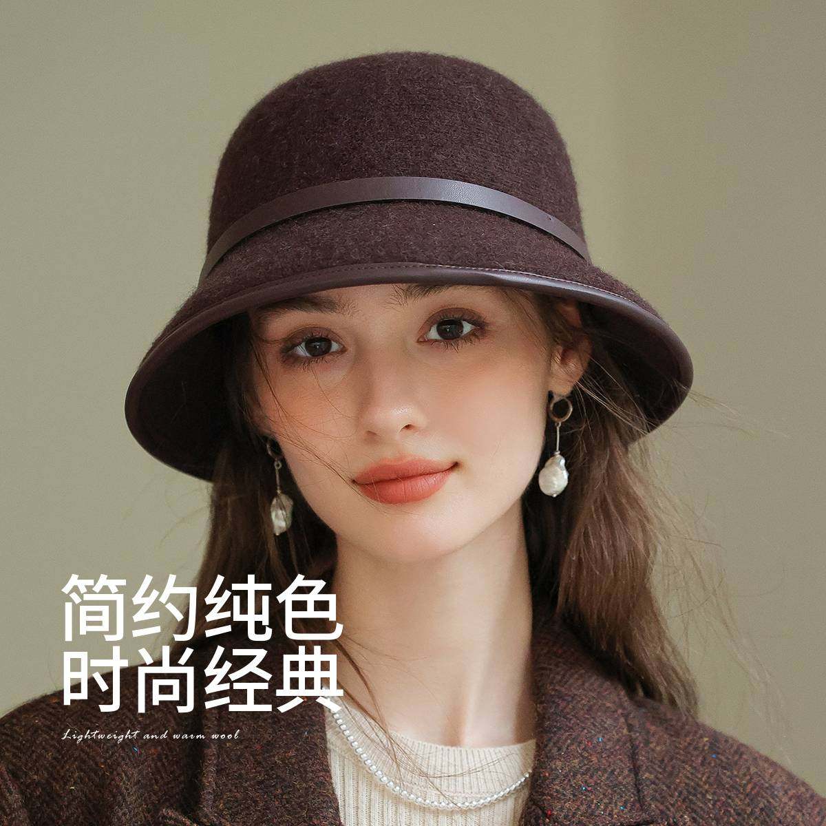 盆帽真享渔夫帽女羊毛呢优雅图片