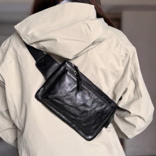 麦为真皮男士 潮流斜挎包黑色简约百搭多功能单肩胸包休闲牛皮腰包