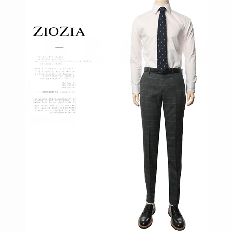 ziozia正装西裤单裤75%羊毛深灰色格子韩版修身时尚