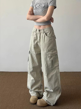 美式复古街头vintage大口袋褶皱工装裤男女百搭设计感宽松休闲裤