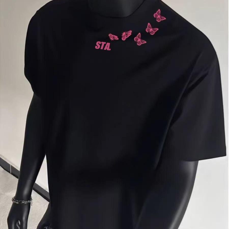 STA.MEDM重磅美式复古脖子蝴蝶烫印短袖夏季男女小领口T恤情侣款