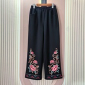 女黑色松紧腰宽松民族风长裤 春秋新款 民族风中国风重工刺绣直筒裤