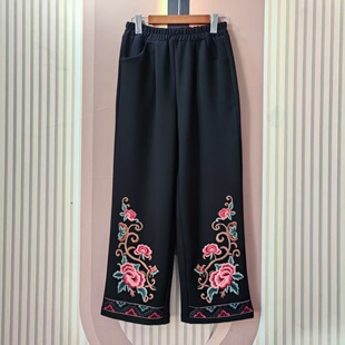 女黑色松紧腰宽松民族风长裤 春秋新款 民族风中国风重工刺绣直筒裤