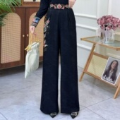 女高腰宽松显瘦民族风长裤 新款 春夏中国刺绣风黑色阔腿裤