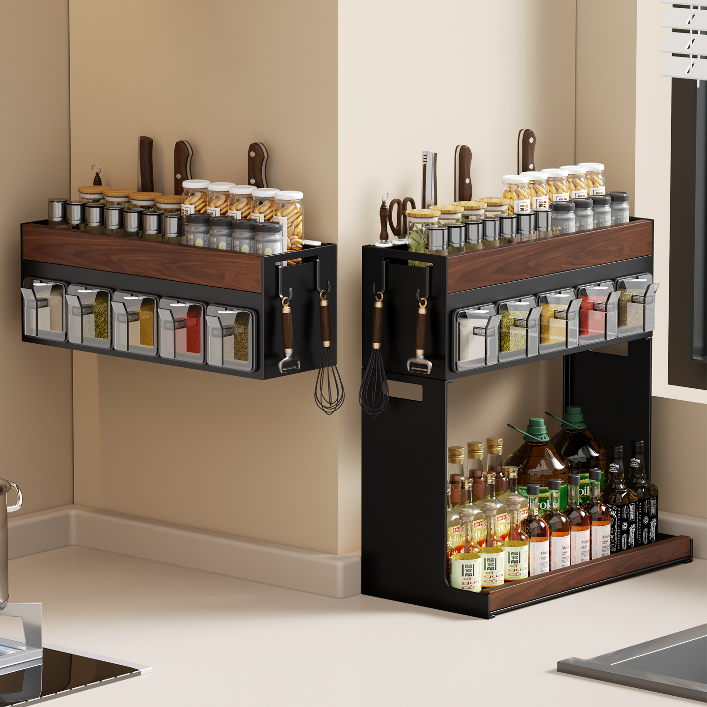 胡桃木厨房置物架免打孔刀架筷勺壁挂油盐酱醋罐台面收纳调味料架