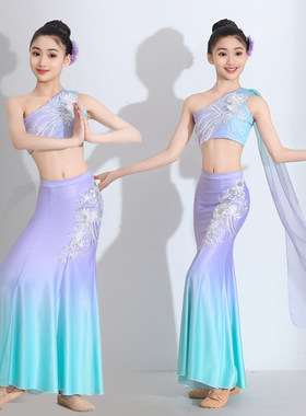 2026新款傣族舞蹈演出服儿童练功裙孔雀舞鱼尾半身裙斗笠表演服装
