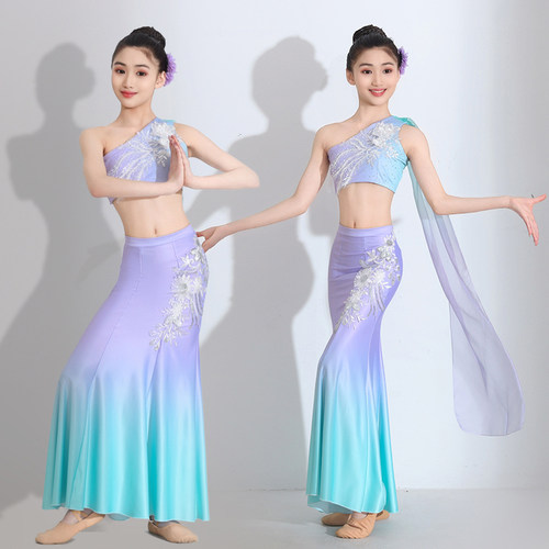 2025新款傣族舞蹈演出服儿童练功裙孔雀舞鱼尾半身裙斗笠表演服装