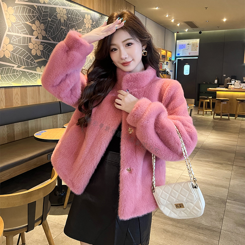 皮毛一体秋冬新款水貂绒宽松外套女立领时尚短款女皮草环保毛加厚