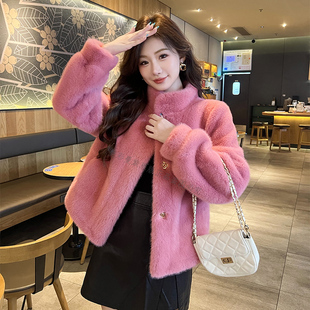 女皮草环保毛加厚 短款 皮毛一体秋冬新款 水貂绒宽松外套女立领时尚