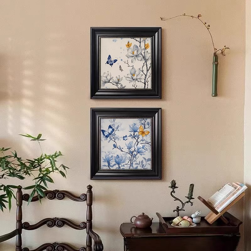 美式古典客厅装饰画蓝色花卉蝴蝶小众艺术画卧室餐厅玄关欧式挂画图片