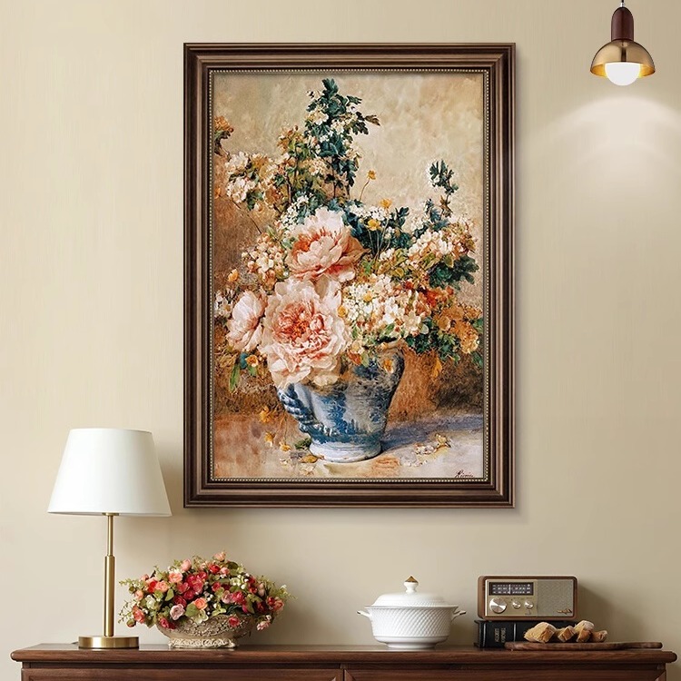 牡丹花玄关装饰画美式挂画复古油画客厅壁画正进门墙画高级感欧式图片