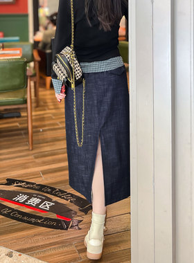 牛仔蓝半身裙女春秋新款中长款高腰开叉口袋宽松显瘦休闲直筒裙子
