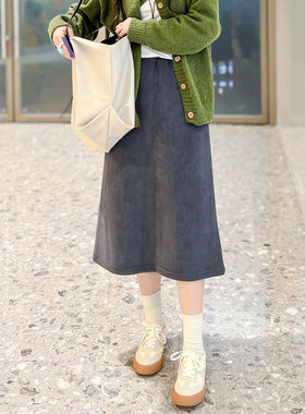 深灰色半身裙秋冬女中长款高腰复古宽松显瘦大码休闲百搭直筒裙子