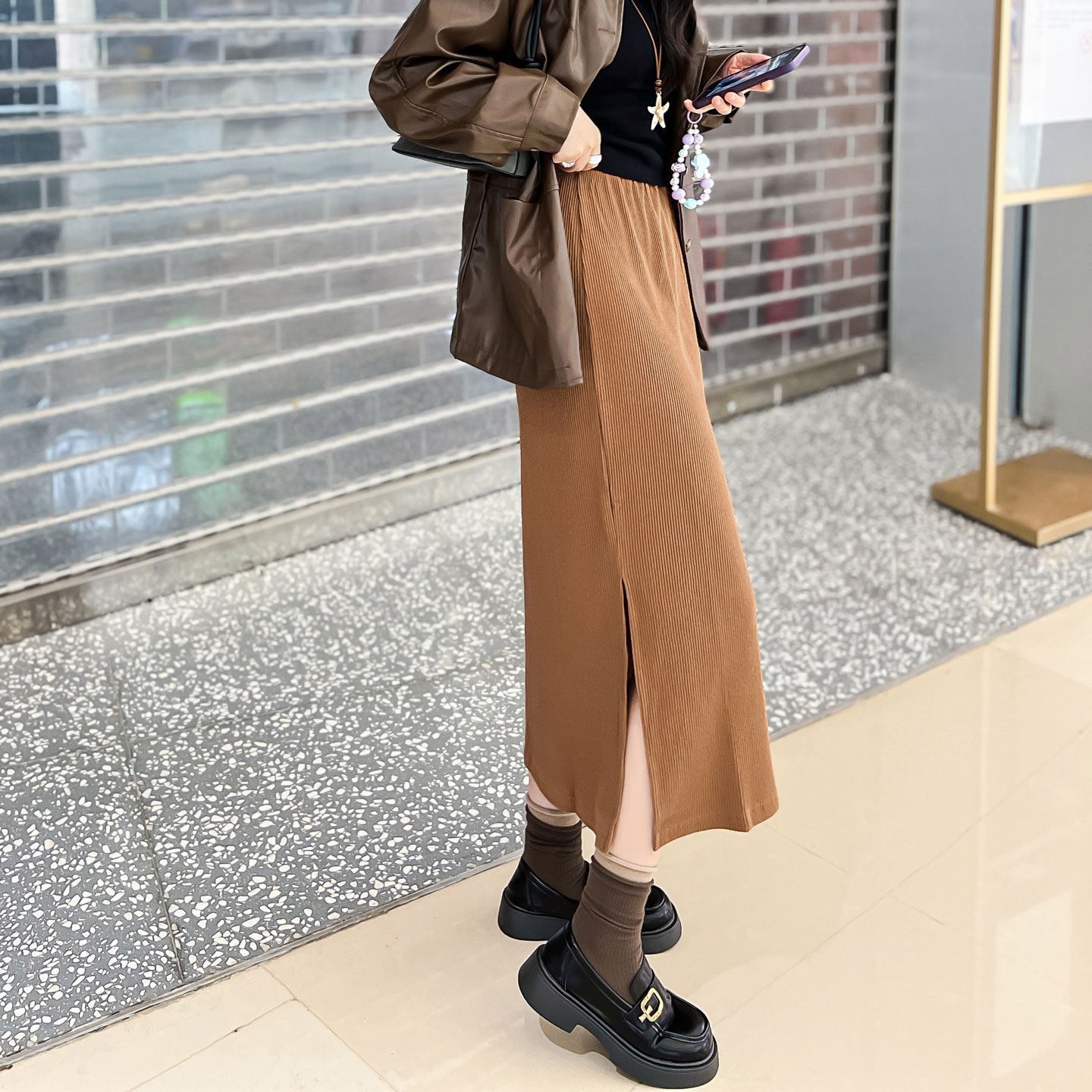 直筒半身裙女春秋中长款高腰开叉宽松显瘦百搭大码松紧腰休闲长裙