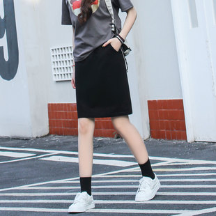 黑色半身裙女夏季薄款宽松大码显瘦百搭松紧腰休闲小个子直筒中裙