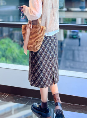 毛呢格子半身裙女秋冬中长款高腰开叉复古显瘦休闲百搭直筒一步裙