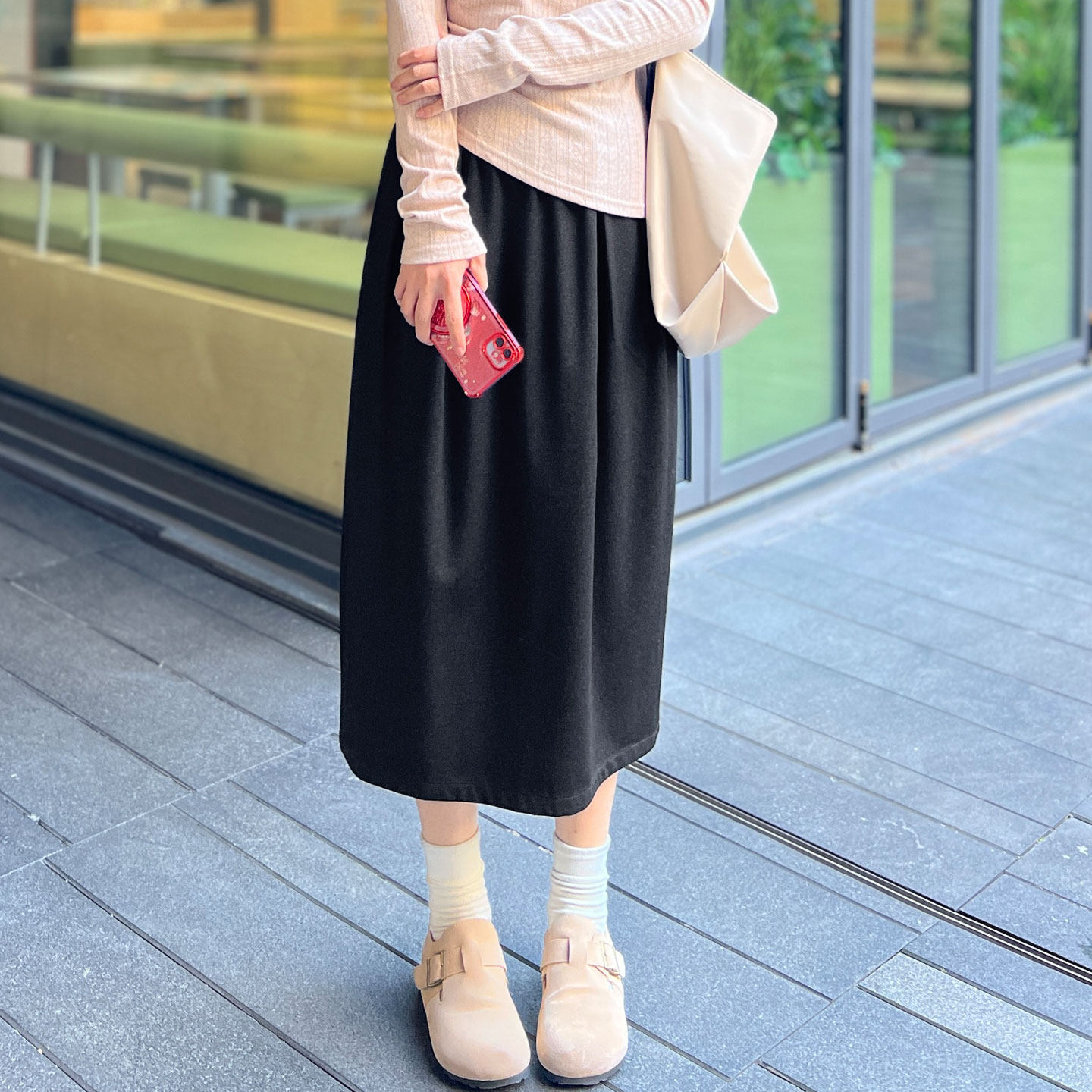 黑灰色半身裙女春秋中长款高腰开叉减龄花苞裙复古显瘦遮肉a字裙